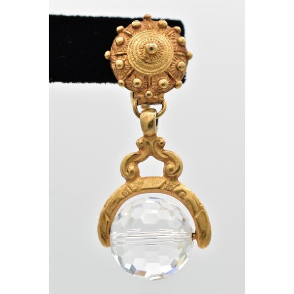 DKNY Vintage Crystal Ball Clip Earrings Antiqued Brushed Gold Signed 1980s BinW - Picture 7 of 12